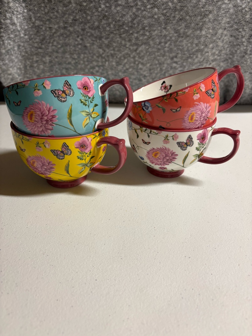 Grace Teaware Set of 4 Floral Butterfly Ceramic Tea Cups - Multicolor
